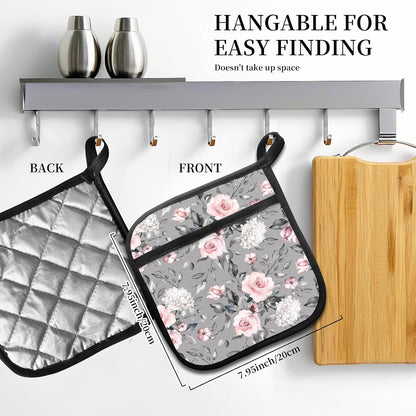 2 Pack Pot Holders for Kitchen Clearance, Cute Hot Pads, Funny Oven Pot Holders, Potholders Sets for Kitchen Heat Resistant Grey Pink Flowers