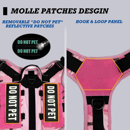 Tactical Dog and Cat Harness for XS and Small Puppy, Air Pet Vest No Pull with Reflective Do Not Pet Patches, Breathable Dog Molle Vests for Training Walking Hunting Camo Pink