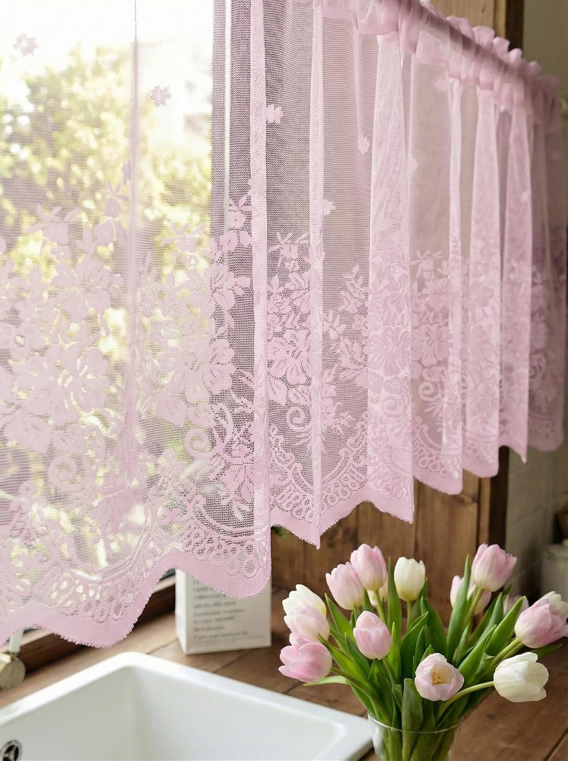 Kitchen Curtains Valance Pink Lace Floral Semi Sheer Curtain