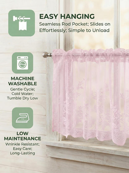 Kitchen Curtains Valance Pink Lace Floral Semi Sheer Curtain