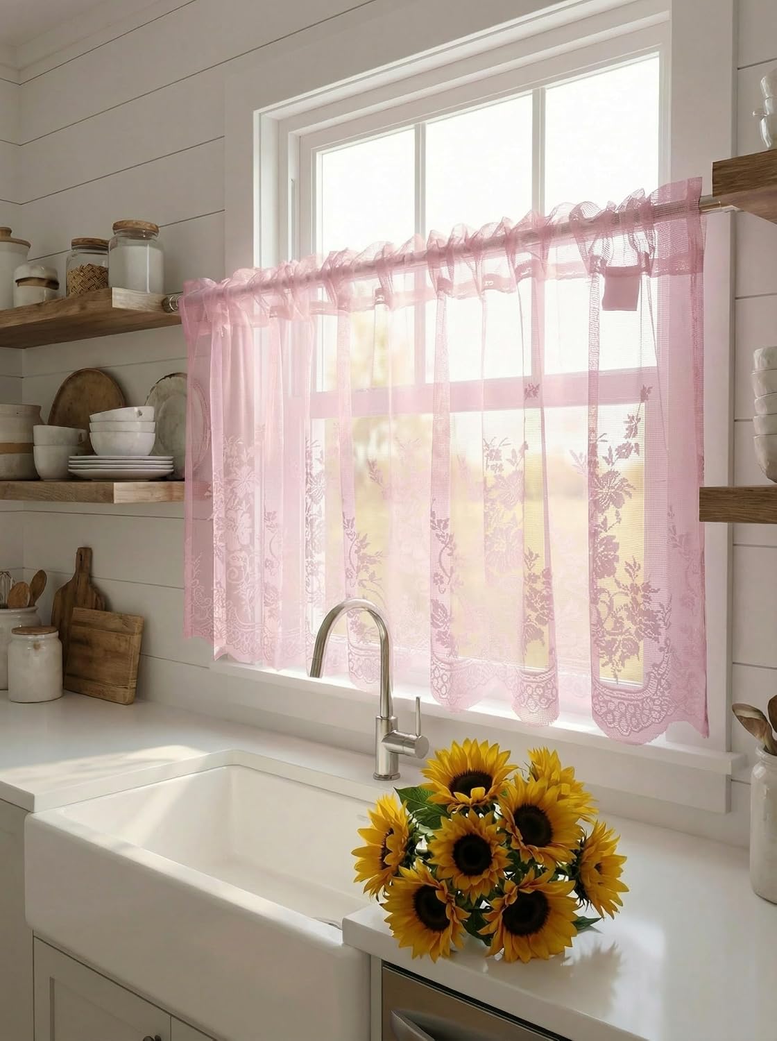 Kitchen Curtains Valance Pink Lace Floral Semi Sheer Curtain
