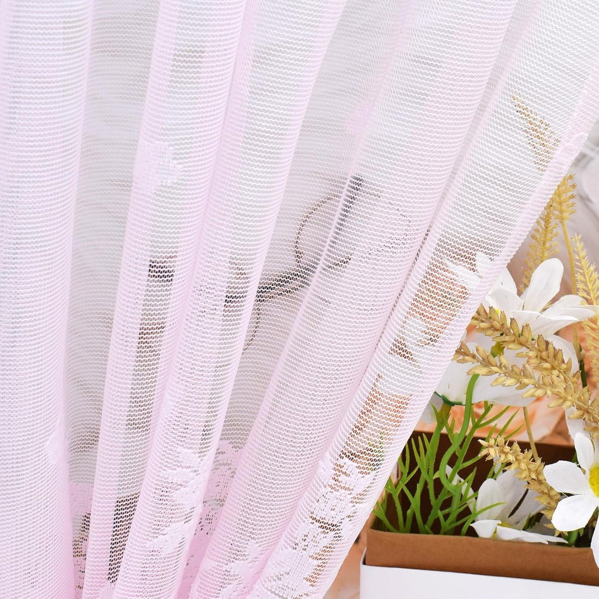 Kitchen Curtains Valance Pink Lace Floral Semi Sheer Curtain