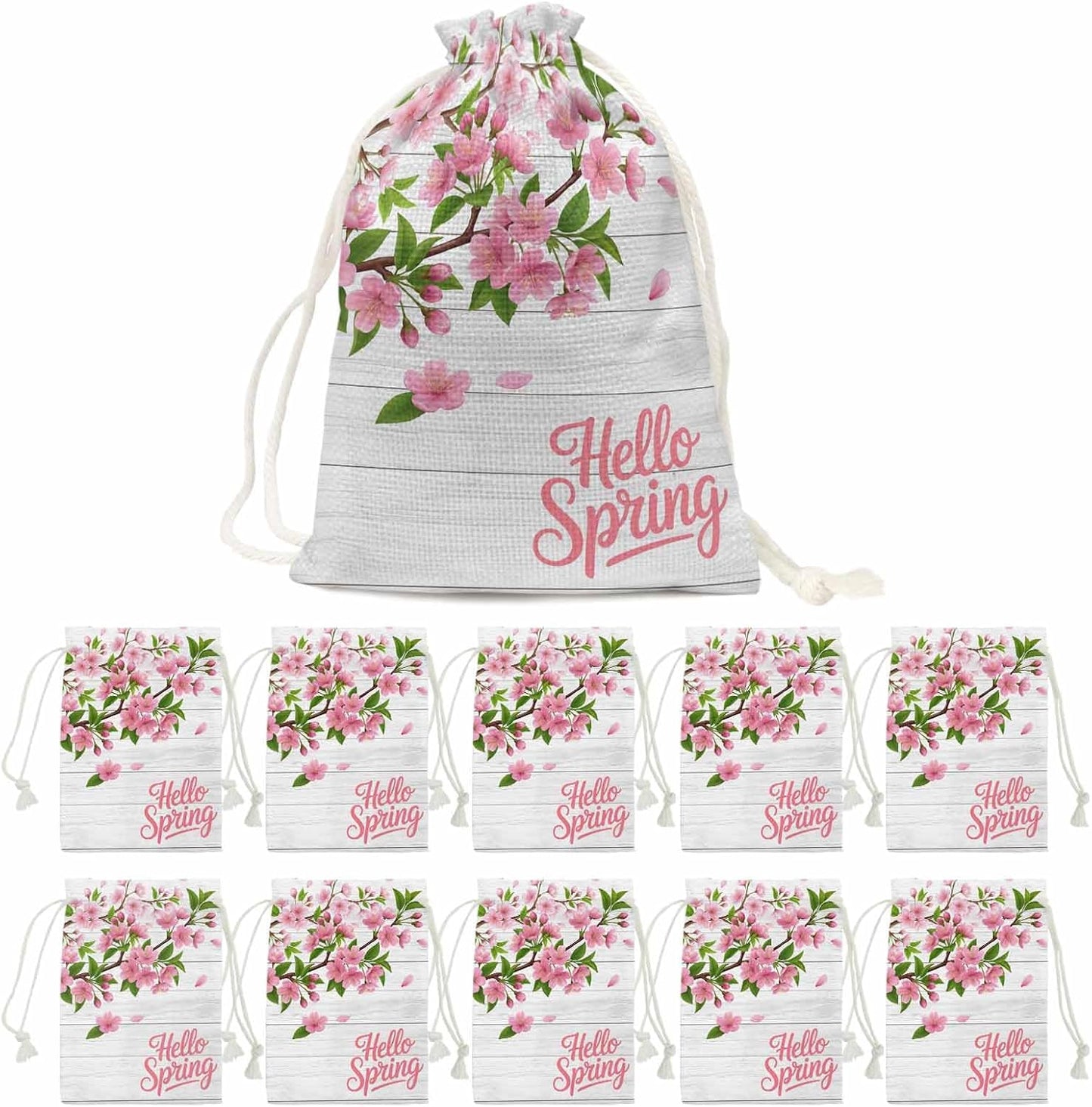 Victoroes Spring Peaches Drawstring Gift Bags 10 Pcs 5" x 7" Small Peaches Flowers Wood Grain Gift Bag Reusable Fabric Wrap Bags for Wedding Party Birthday Holiday