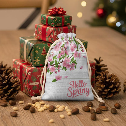 Victoroes Spring Peaches Drawstring Gift Bags 10 Pcs 5" x 7" Small Peaches Flowers Wood Grain Gift Bag Reusable Fabric Wrap Bags for Wedding Party Birthday Holiday