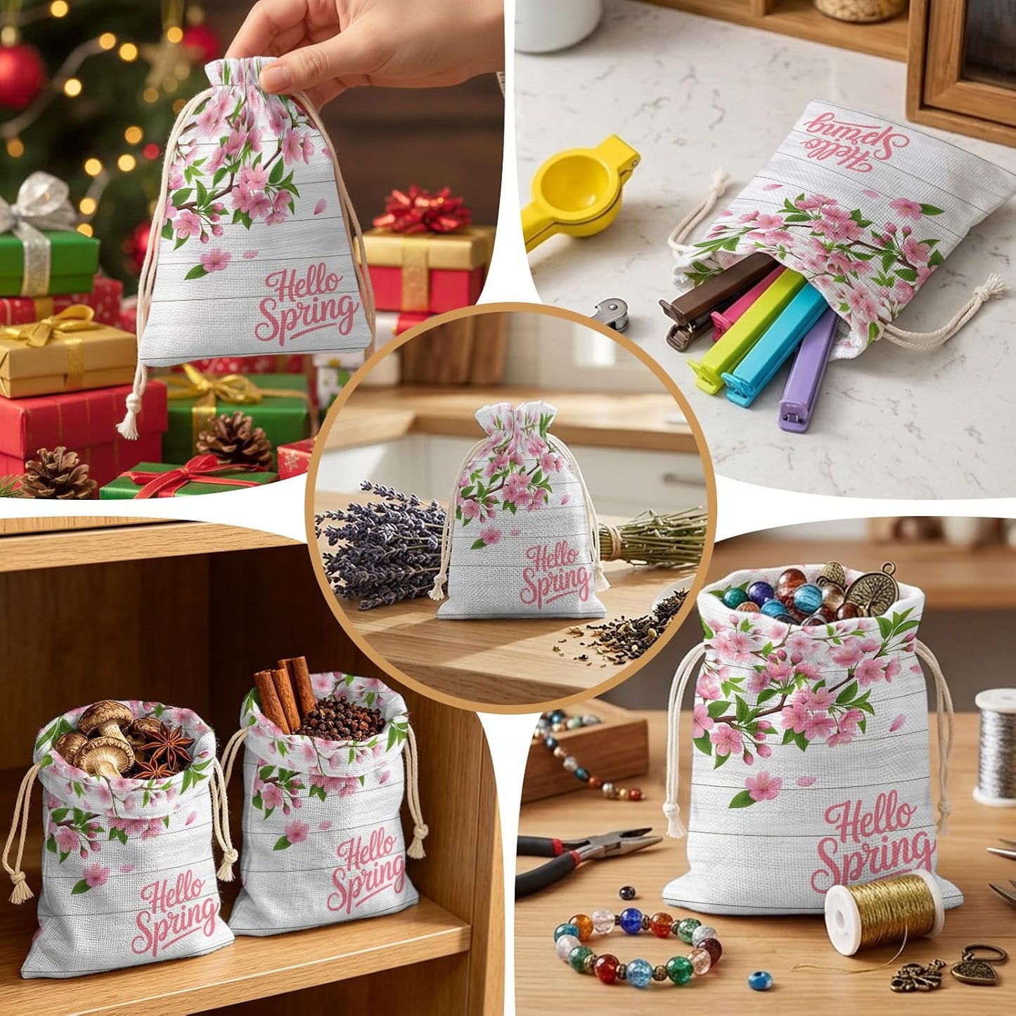 Victoroes Spring Peaches Drawstring Gift Bags 10 Pcs 5" x 7" Small Peaches Flowers Wood Grain Gift Bag Reusable Fabric Wrap Bags for Wedding Party Birthday Holiday