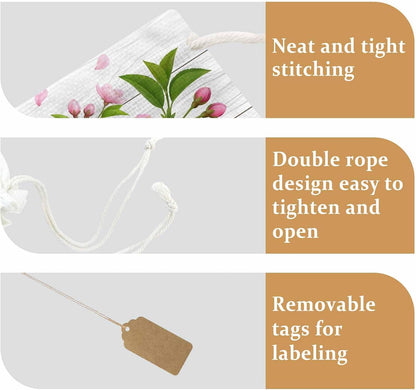Victoroes Spring Peaches Drawstring Gift Bags 10 Pcs 5" x 7" Small Peaches Flowers Wood Grain Gift Bag Reusable Fabric Wrap Bags for Wedding Party Birthday Holiday