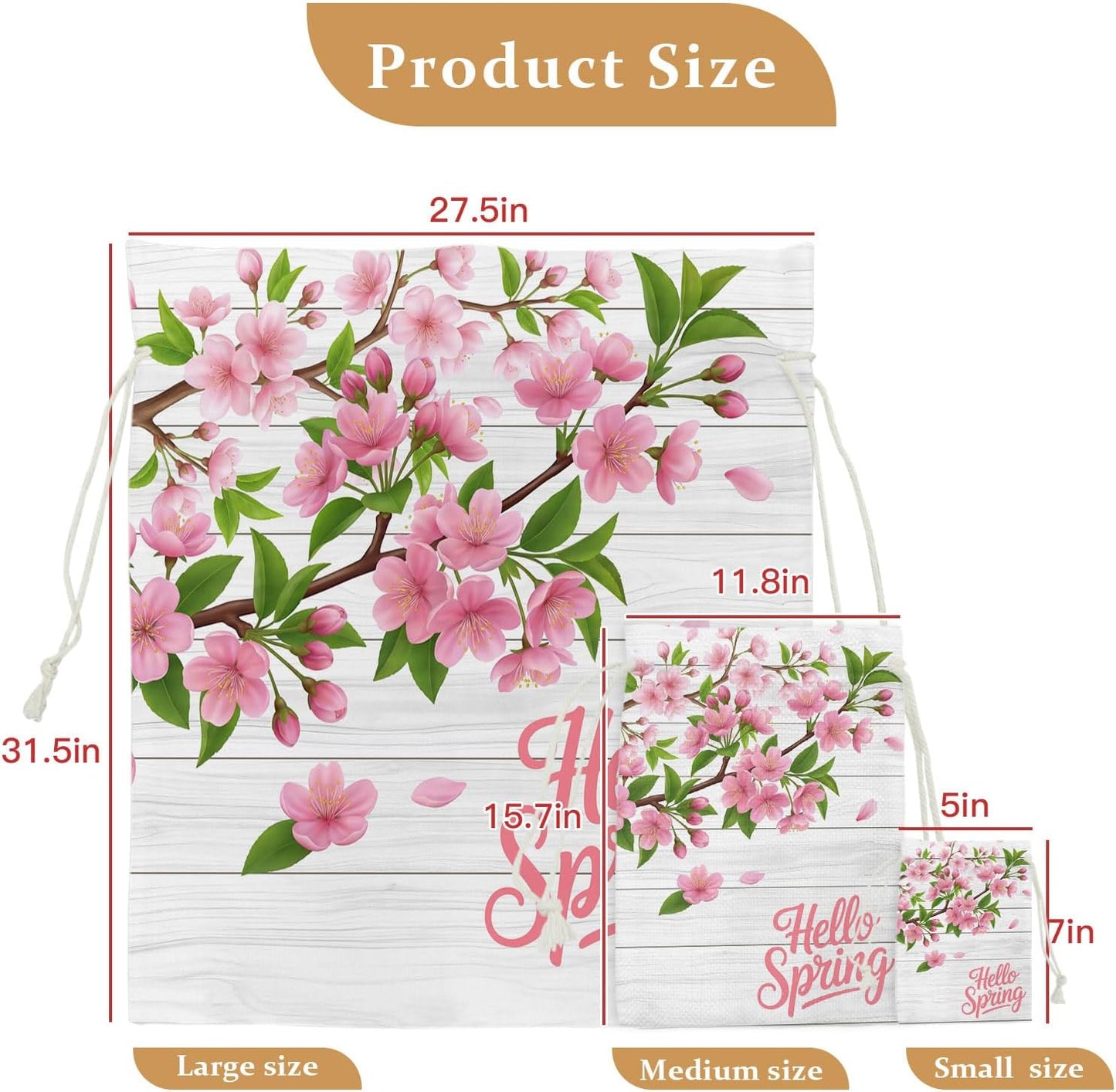 Victoroes Spring Peaches Drawstring Gift Bags 10 Pcs 5" x 7" Small Peaches Flowers Wood Grain Gift Bag Reusable Fabric Wrap Bags for Wedding Party Birthday Holiday