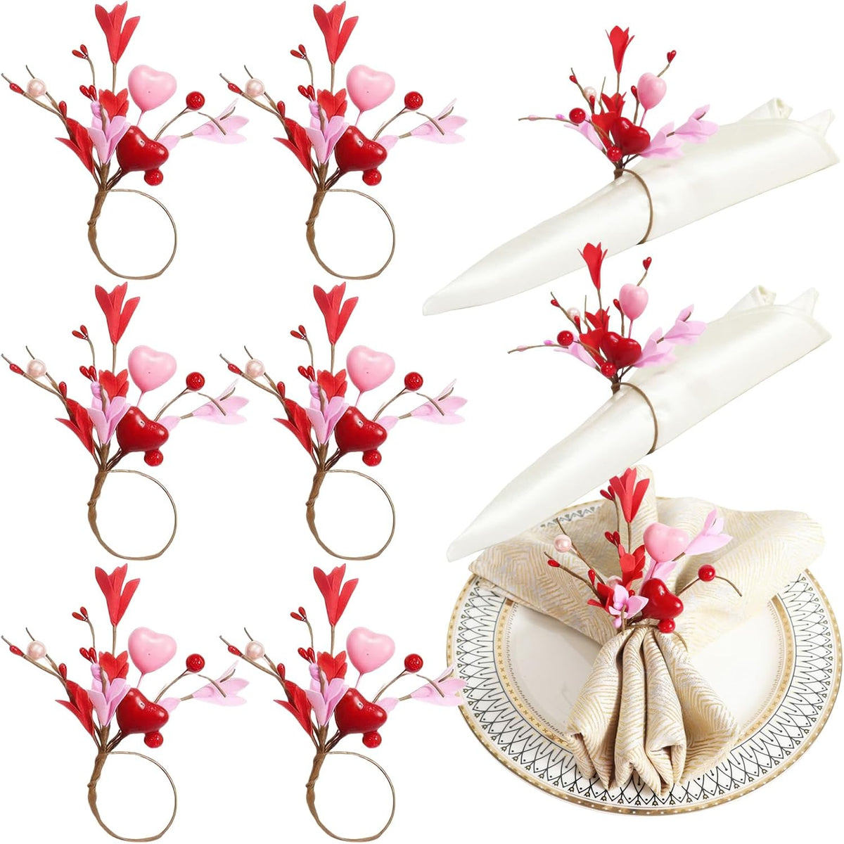Heart Flower Napkin Rings Set of 6, Valentine's Day Red Pink Floral Heart Shape Artificial Leaves Napkin Holders Table Decor for Valentines Wedding Anniversary Birthday Party Decoration Supplies