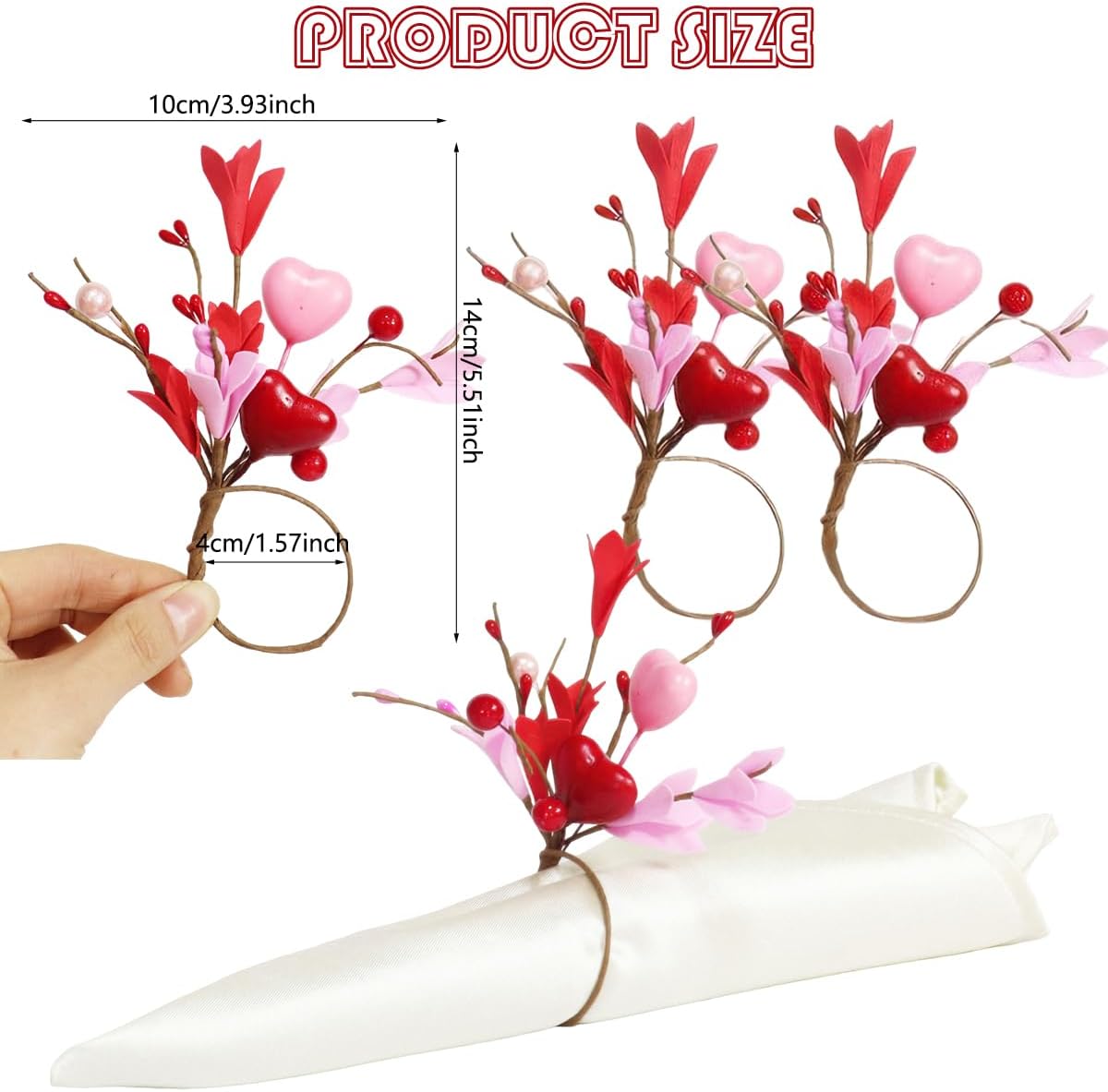 Heart Flower Napkin Rings Set of 6, Valentine's Day Red Pink Floral Heart Shape Artificial Leaves Napkin Holders Table Decor for Valentines Wedding Anniversary Birthday Party Decoration Supplies