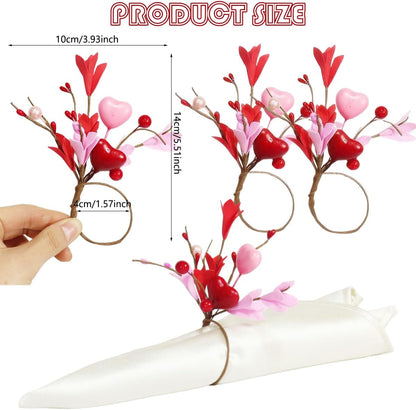 Heart Flower Napkin Rings Set of 6, Valentine's Day Red Pink Floral Heart Shape Artificial Leaves Napkin Holders Table Decor for Valentines Wedding Anniversary Birthday Party Decoration Supplies