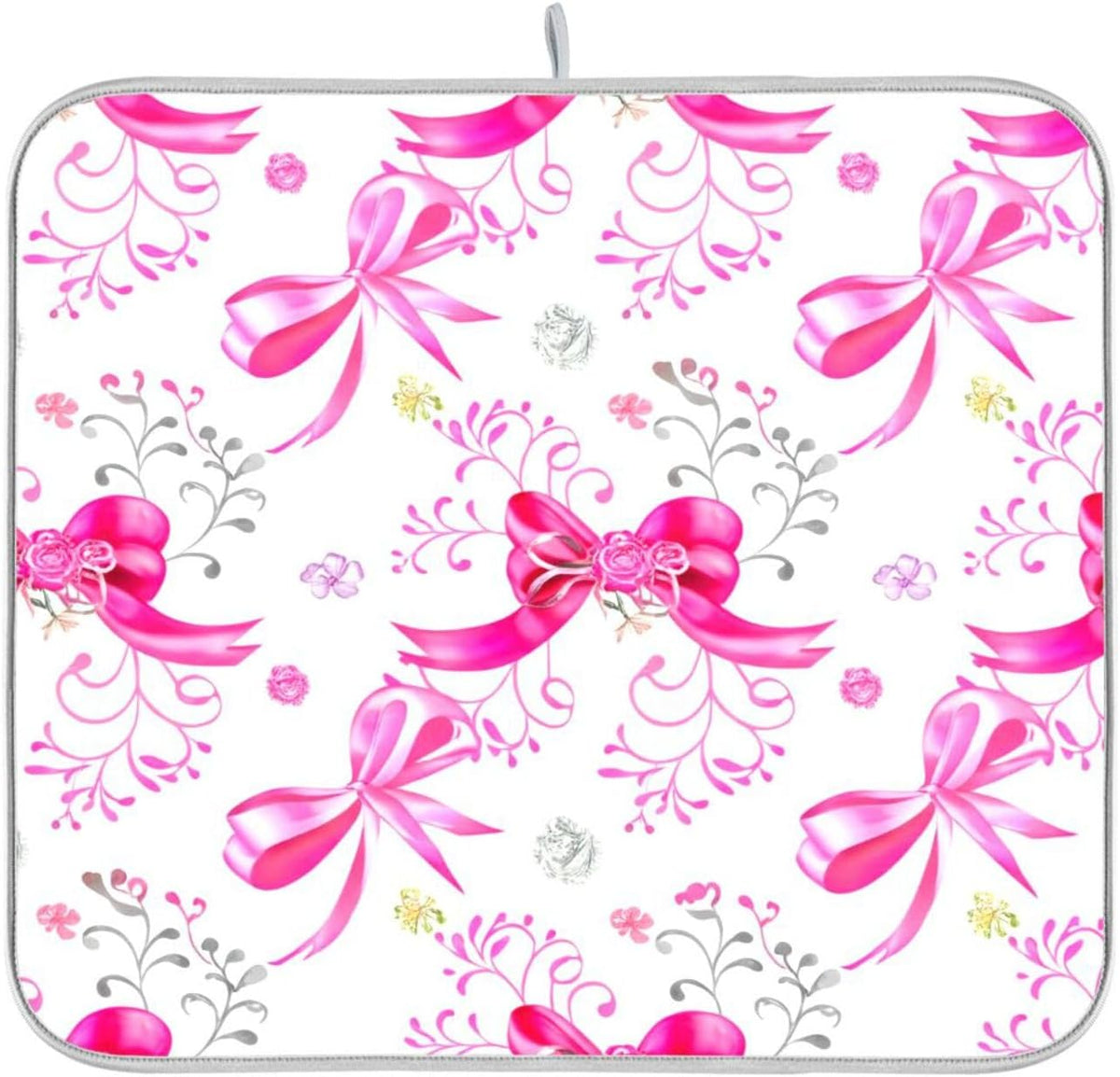Pink Silver Ribbons Bow Dish Drying Mat Absorbent Reversible Dish Drainer Pad Tableware Mat for Kitchen Counter Home Decoration, 16 x 18 Inch