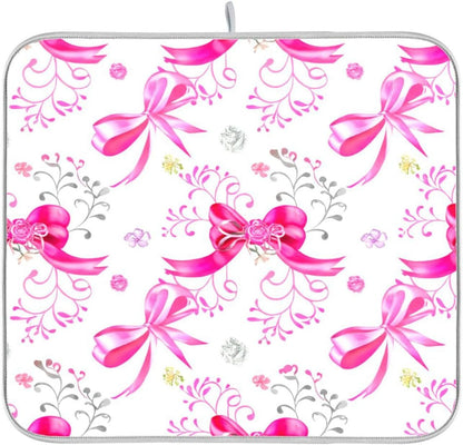 Pink Silver Ribbons Bow Dish Drying Mat Absorbent Reversible Dish Drainer Pad Tableware Mat for Kitchen Counter Home Decoration, 16 x 18 Inch