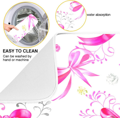 Pink Silver Ribbons Bow Dish Drying Mat Absorbent Reversible Dish Drainer Pad Tableware Mat for Kitchen Counter Home Decoration, 16 x 18 Inch
