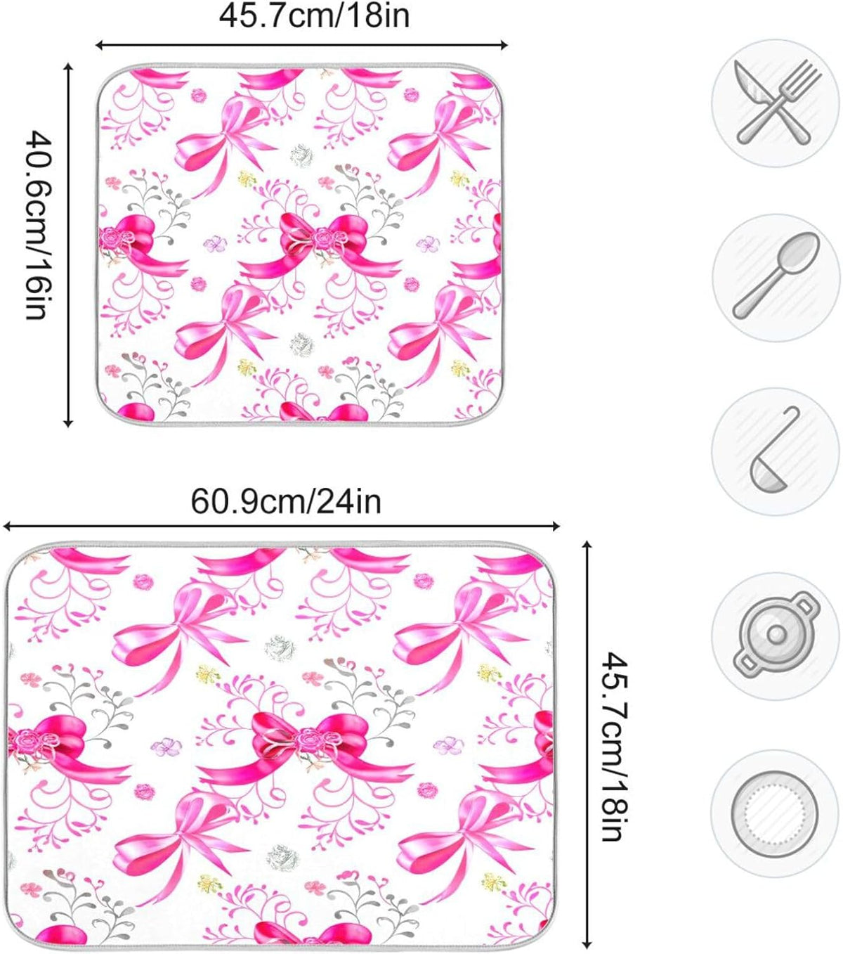 Pink Silver Ribbons Bow Dish Drying Mat Absorbent Reversible Dish Drainer Pad Tableware Mat for Kitchen Counter Home Decoration, 16 x 18 Inch