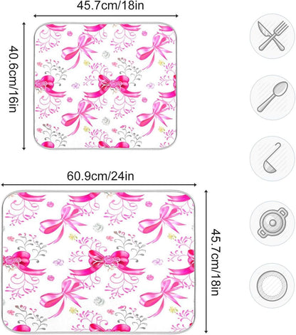 Pink Silver Ribbons Bow Dish Drying Mat Absorbent Reversible Dish Drainer Pad Tableware Mat for Kitchen Counter Home Decoration, 16 x 18 Inch