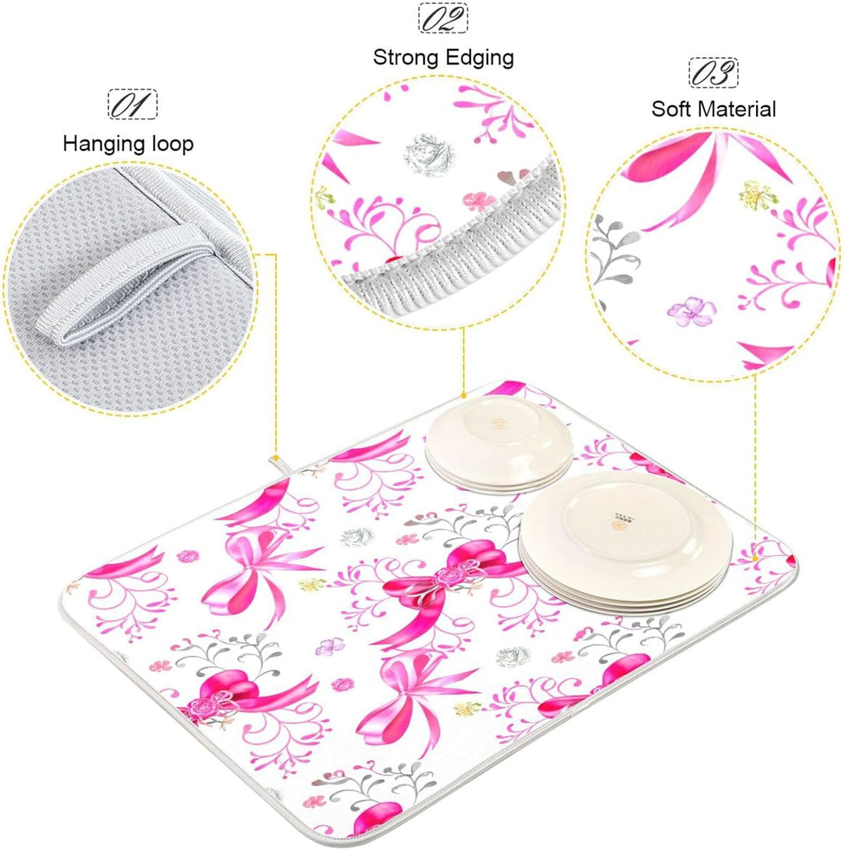 Pink Silver Ribbons Bow Dish Drying Mat Absorbent Reversible Dish Drainer Pad Tableware Mat for Kitchen Counter Home Decoration, 16 x 18 Inch