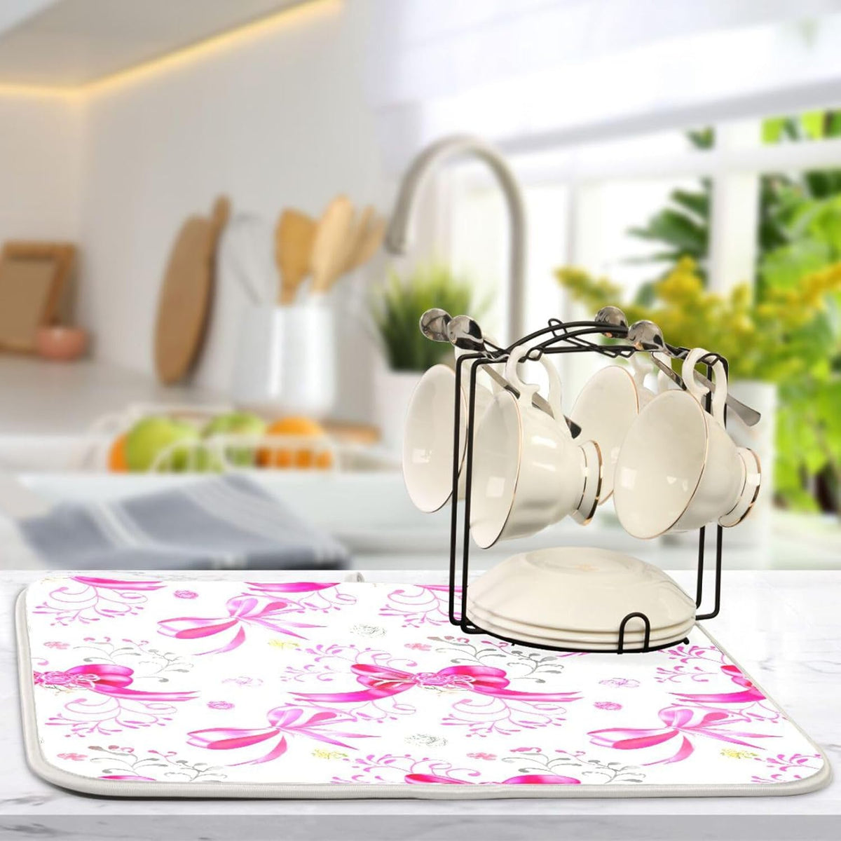 Pink Silver Ribbons Bow Dish Drying Mat Absorbent Reversible Dish Drainer Pad Tableware Mat for Kitchen Counter Home Decoration, 16 x 18 Inch