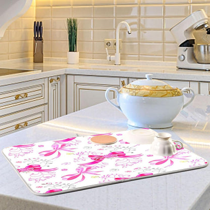 Pink Silver Ribbons Bow Dish Drying Mat Absorbent Reversible Dish Drainer Pad Tableware Mat for Kitchen Counter Home Decoration, 16 x 18 Inch
