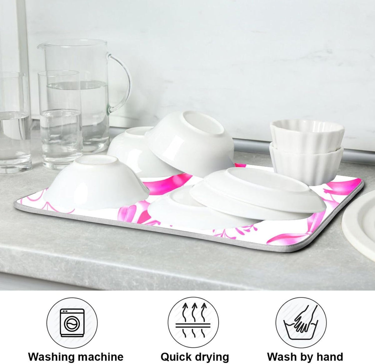 Pink Silver Ribbons Bow Dish Drying Mat Absorbent Reversible Dish Drainer Pad Tableware Mat for Kitchen Counter Home Decoration, 16 x 18 Inch