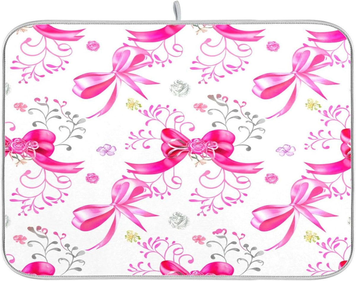 Pink Silver Ribbons Bow Dish Drying Mat Absorbent Reversible Dish Drainer Pad Tableware Mat for Kitchen Counter Home Decoration, 16 x 18 Inch