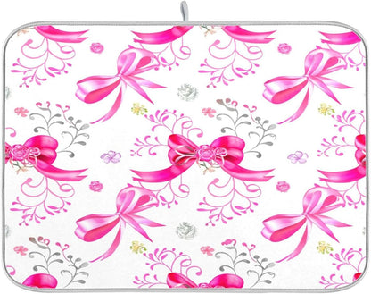 Pink Silver Ribbons Bow Dish Drying Mat Absorbent Reversible Dish Drainer Pad Tableware Mat for Kitchen Counter Home Decoration, 16 x 18 Inch