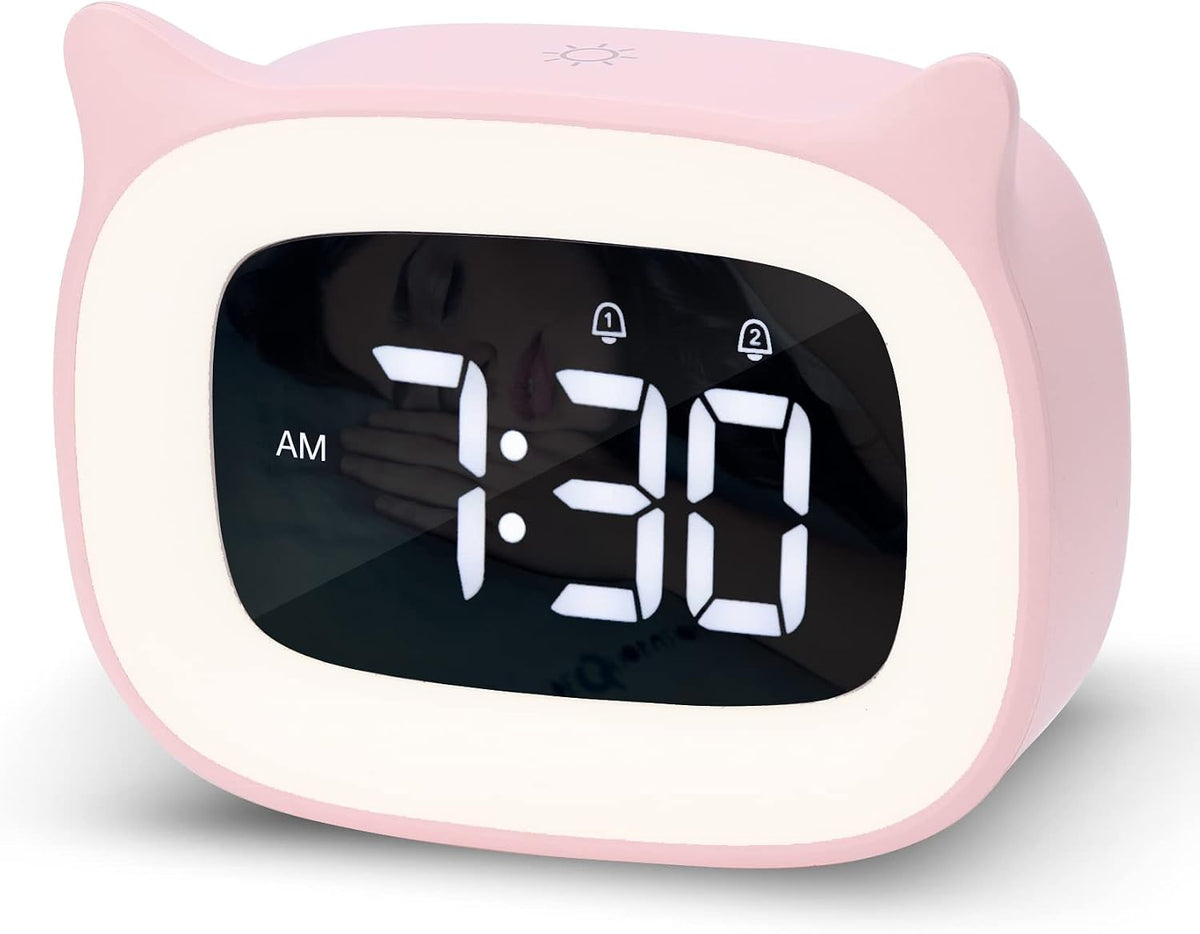 Cute Pink Cat Alarm Clock with Night Light for Kids