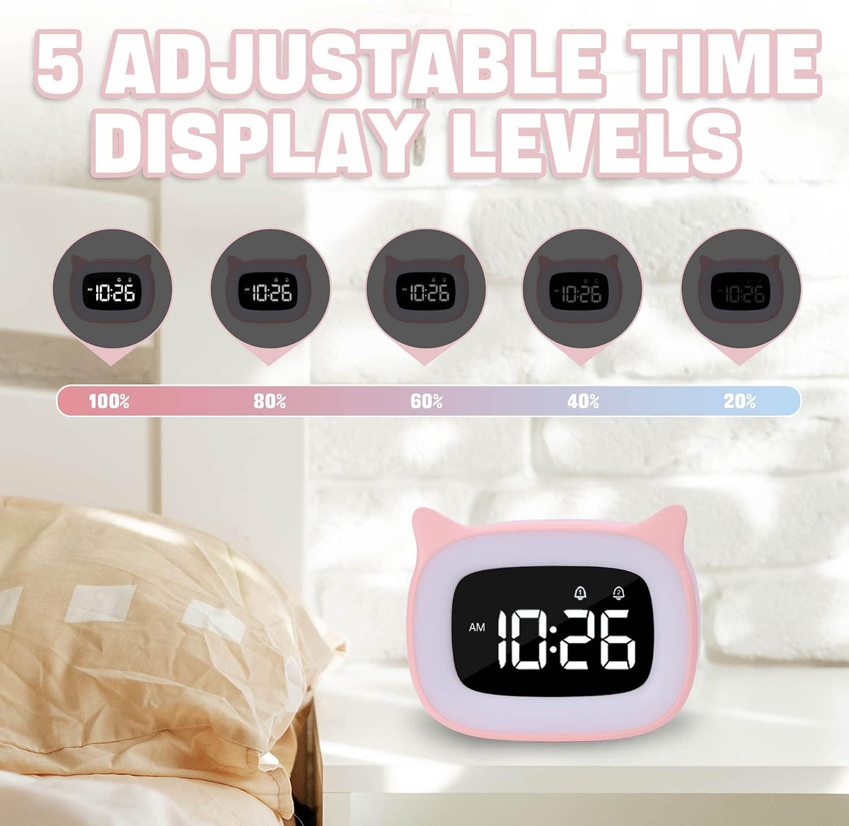 Cute Pink Cat Alarm Clock with Night Light for Kids