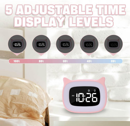 Cute Pink Cat Alarm Clock with Night Light for Kids