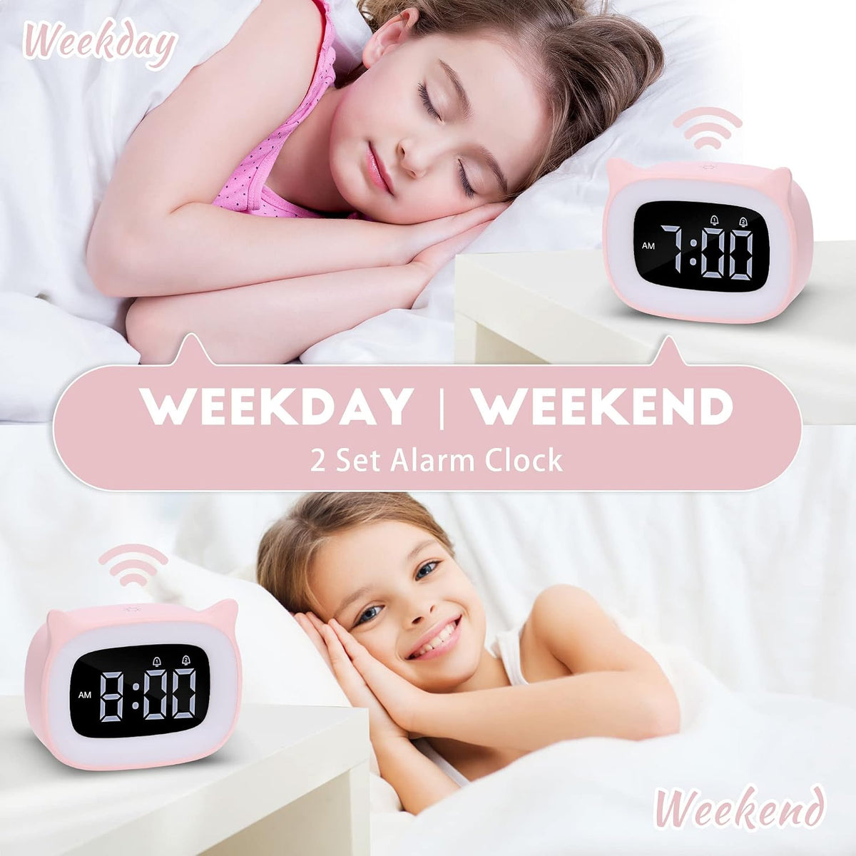 Cute Pink Cat Alarm Clock with Night Light for Kids