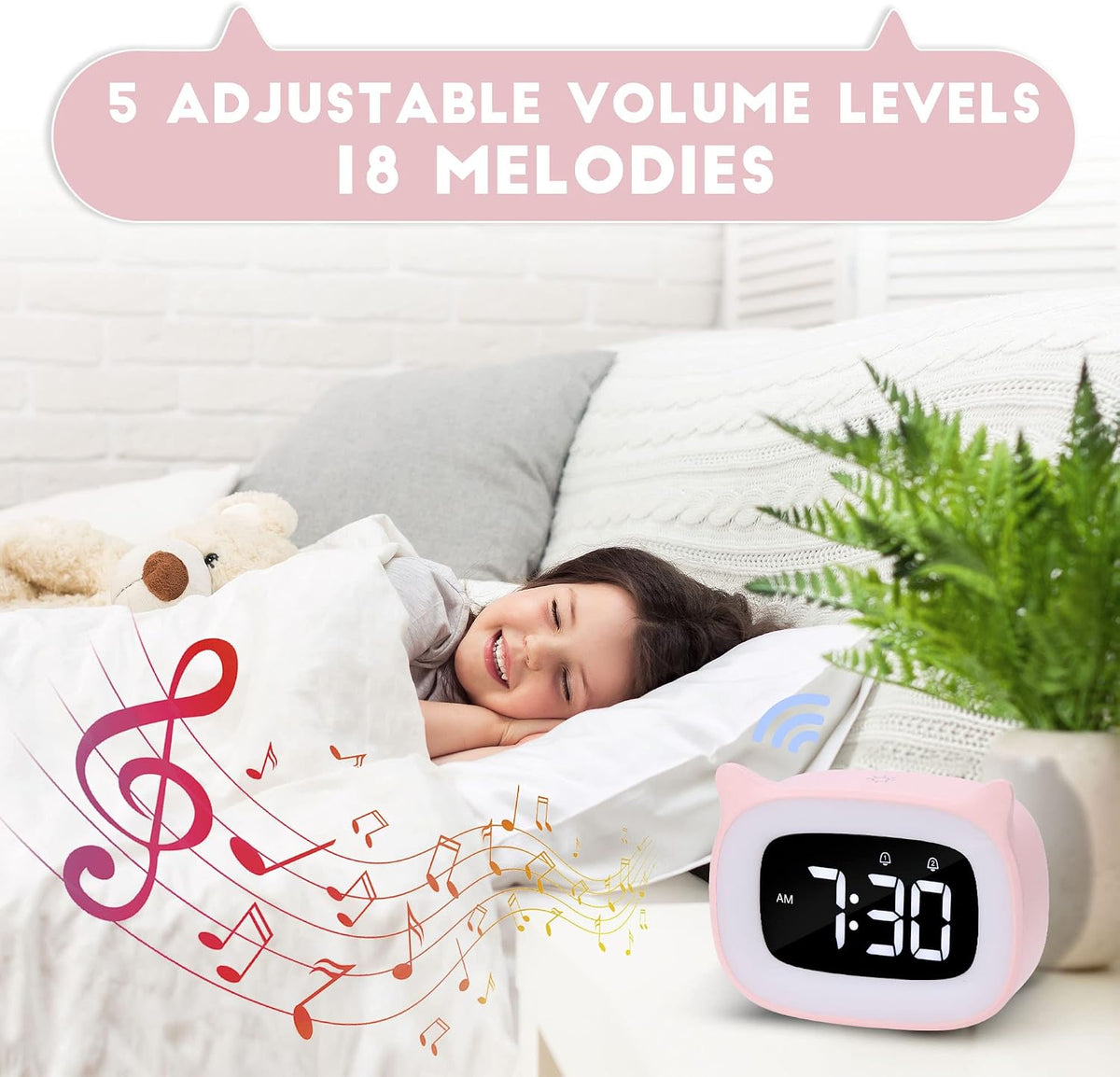Cute Pink Cat Alarm Clock with Night Light for Kids