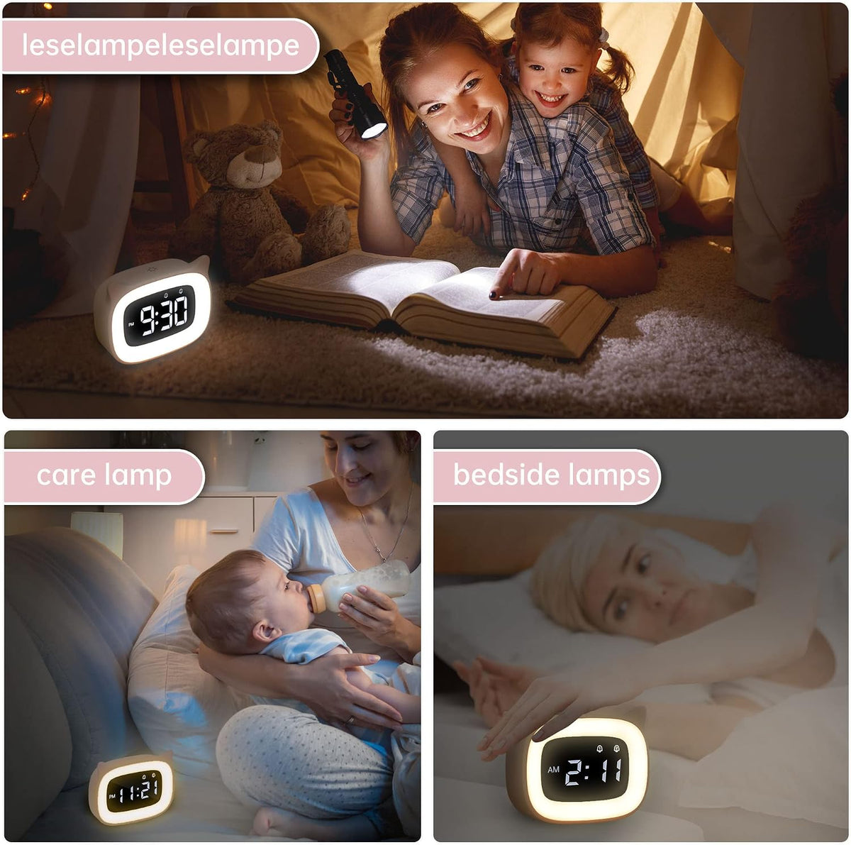 Cute Pink Cat Alarm Clock with Night Light for Kids