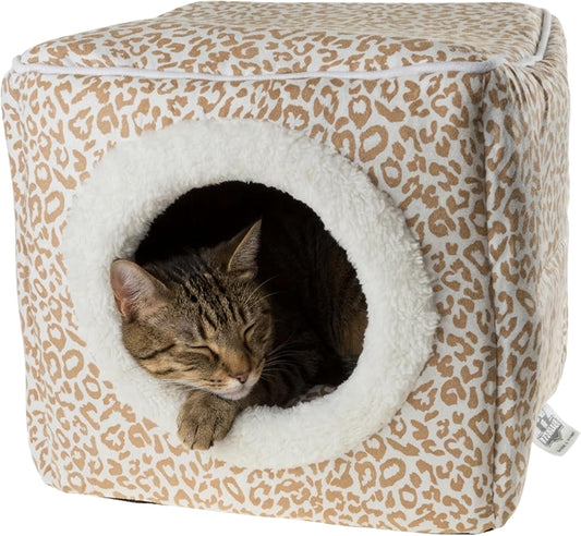 Cat Pet Bed Cave- Indoor Enclosed Covered Cavern/House for Cats Kittens and Small Pets with Removable Cushion Pad by PETMAKER, Tan/White Animal Print 13x12x12