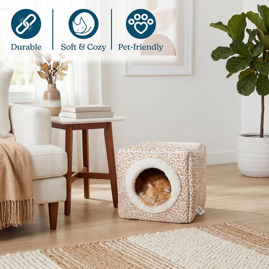 Cat Pet Bed Cave- Indoor Enclosed Covered Cavern/House for Cats Kittens and Small Pets with Removable Cushion Pad by PETMAKER, Tan/White Animal Print 13x12x12