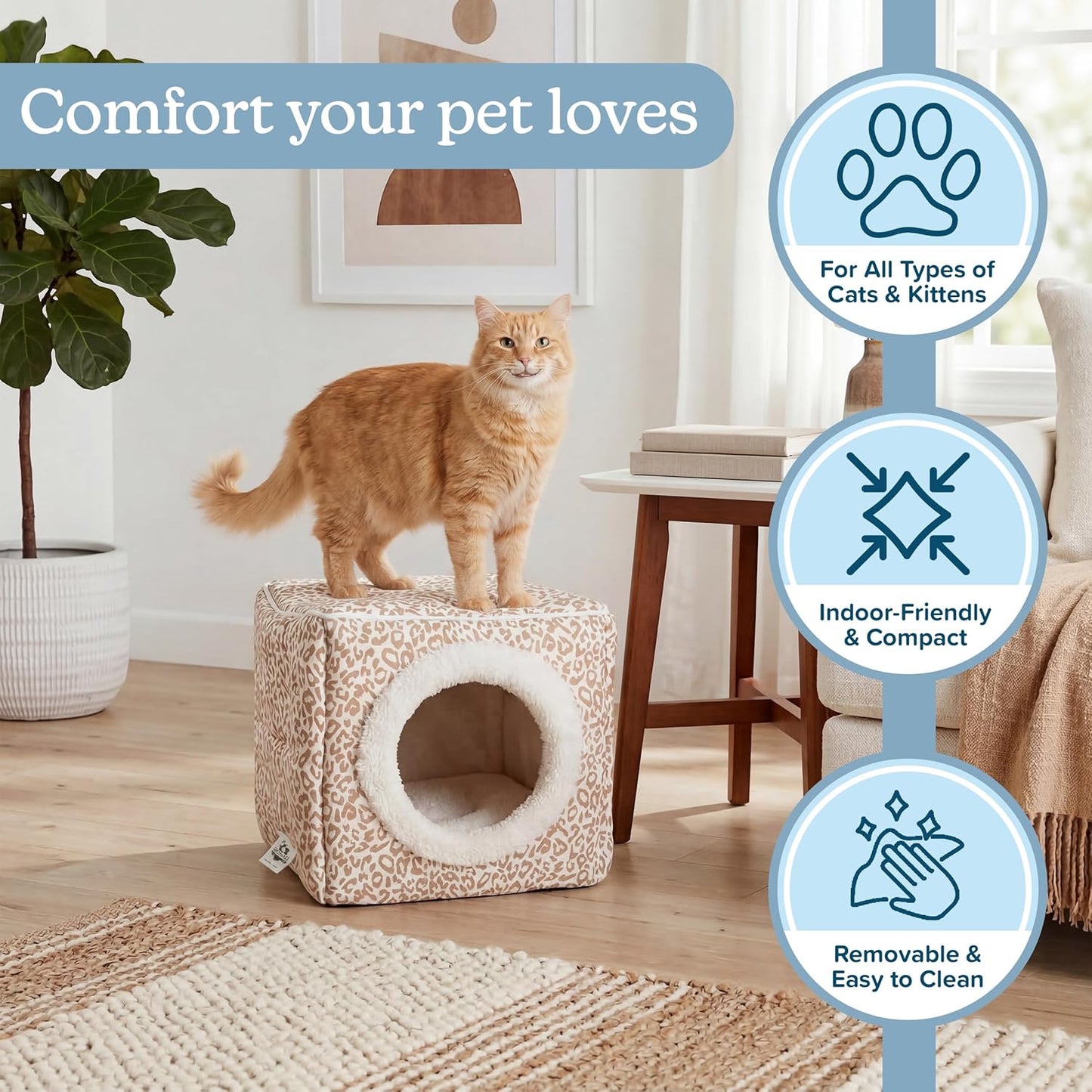 Cat Pet Bed Cave- Indoor Enclosed Covered Cavern/House for Cats Kittens and Small Pets with Removable Cushion Pad by PETMAKER, Tan/White Animal Print 13x12x12
