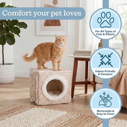 Cat Pet Bed Cave- Indoor Enclosed Covered Cavern/House for Cats Kittens and Small Pets with Removable Cushion Pad by PETMAKER, Tan/White Animal Print 13x12x12