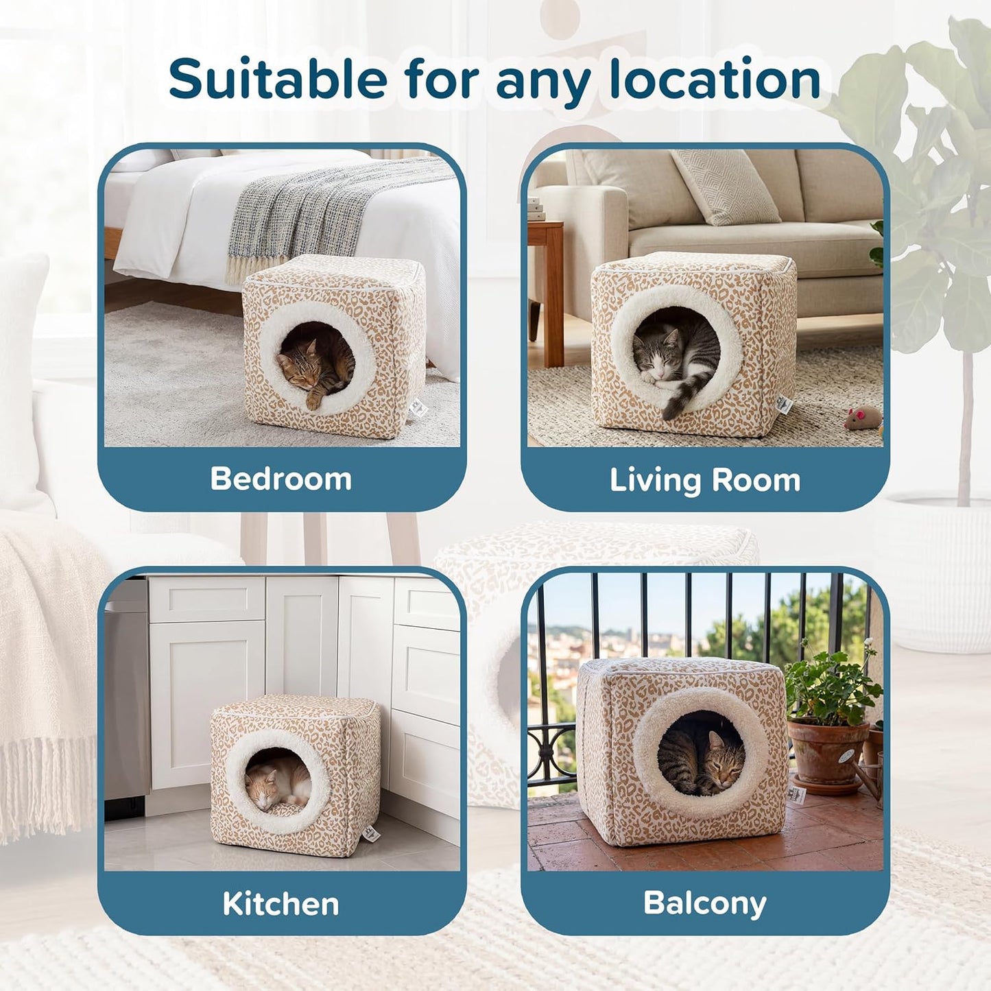 Cat Pet Bed Cave- Indoor Enclosed Covered Cavern/House for Cats Kittens and Small Pets with Removable Cushion Pad by PETMAKER, Tan/White Animal Print 13x12x12