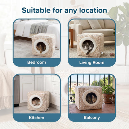 Cat Pet Bed Cave- Indoor Enclosed Covered Cavern/House for Cats Kittens and Small Pets with Removable Cushion Pad by PETMAKER, Tan/White Animal Print 13x12x12