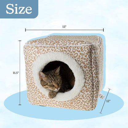 Cat Pet Bed Cave- Indoor Enclosed Covered Cavern/House for Cats Kittens and Small Pets with Removable Cushion Pad by PETMAKER, Tan/White Animal Print 13x12x12