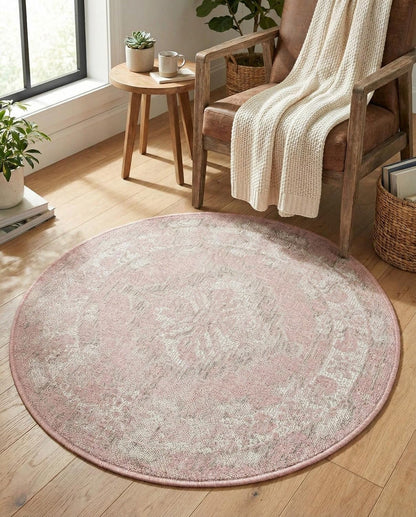 Outdoor Traditional Collection Rug – 3 Ft Round Pink Flatweave-Pile Rug Perfect for Kitchens, Dining Rooms