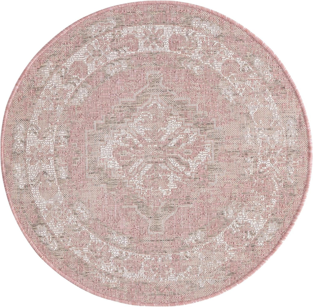 Outdoor Traditional Collection Rug – 3 Ft Round Pink Flatweave-Pile Rug Perfect for Kitchens, Dining Rooms