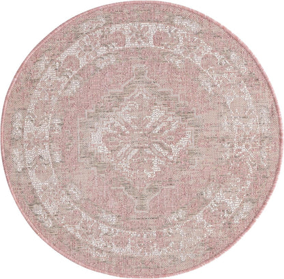 Outdoor Traditional Collection Rug – 3 Ft Round Pink Flatweave-Pile Rug Perfect for Kitchens, Dining Rooms