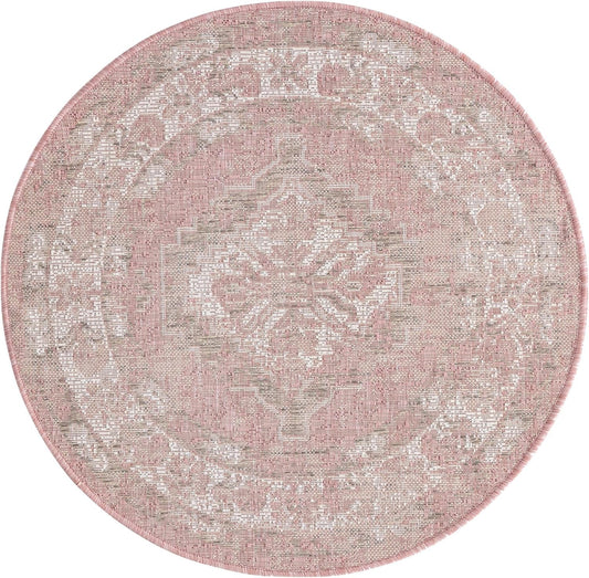 Outdoor Traditional Collection Rug – 3 Ft Round Pink Flatweave-Pile Rug Perfect for Kitchens, Dining Rooms
