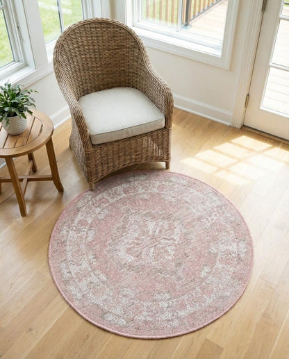 Outdoor Traditional Collection Rug – 3 Ft Round Pink Flatweave-Pile Rug Perfect for Kitchens, Dining Rooms