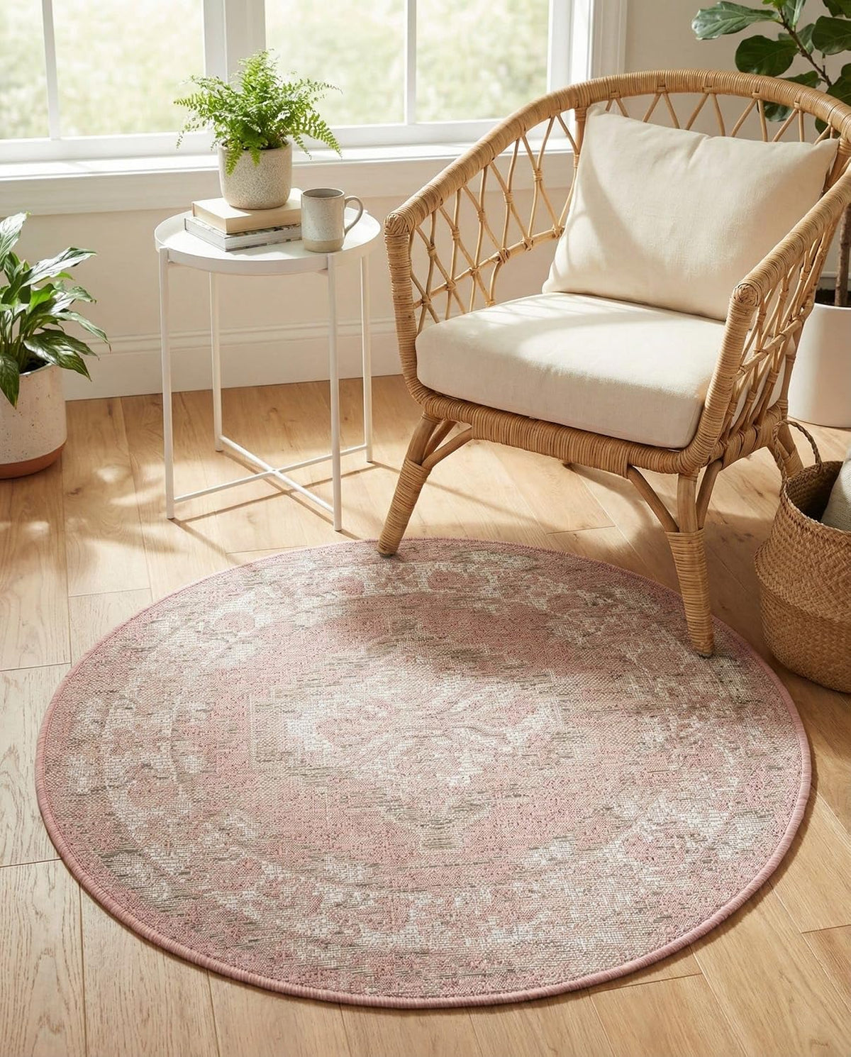Outdoor Traditional Collection Rug – 3 Ft Round Pink Flatweave-Pile Rug Perfect for Kitchens, Dining Rooms
