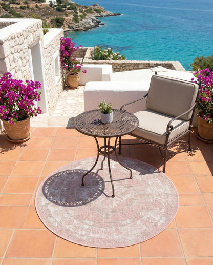Outdoor Traditional Collection Rug – 3 Ft Round Pink Flatweave-Pile Rug Perfect for Kitchens, Dining Rooms