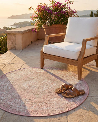 Outdoor Traditional Collection Rug – 3 Ft Round Pink Flatweave-Pile Rug Perfect for Kitchens, Dining Rooms