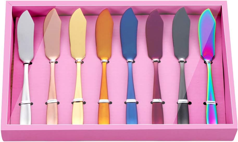 Butter Knives, 18/10 Stainless Steel 6.10 Inch Multicoloured Cheese Spreader Knives Set in Pink Gift Box, Dishwasher Safe, Set of 8