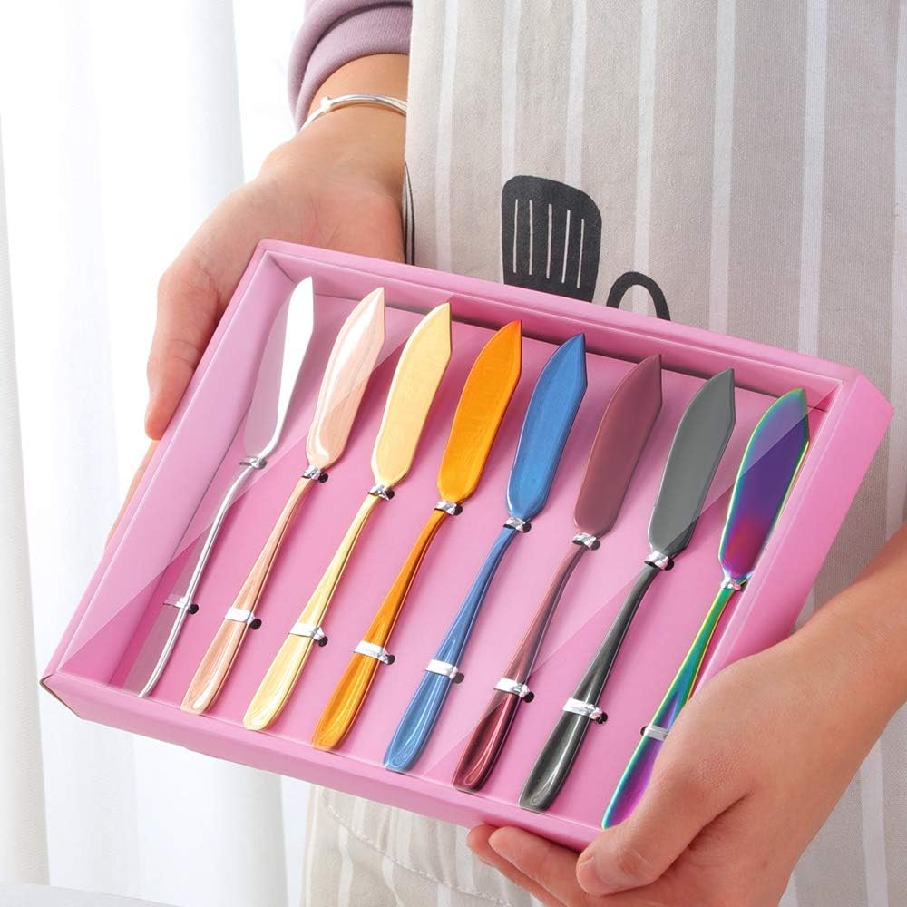 Butter Knives, 18/10 Stainless Steel 6.10 Inch Multicoloured Cheese Spreader Knives Set in Pink Gift Box, Dishwasher Safe, Set of 8