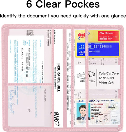 Premium Car Registration and Insurance Card Holder, Car Document Holder for Cards, Driver License & other Essential Documents (Pink)