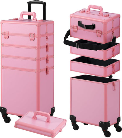 Makeup Train Case, Rolling Makeup Case with Lid, 5 in 1 Cosmetology Case on Wheels, Christmas Gift, Large Makeup Case Organizers, Profesional Cosmetic Case for Salon Barber, Pink